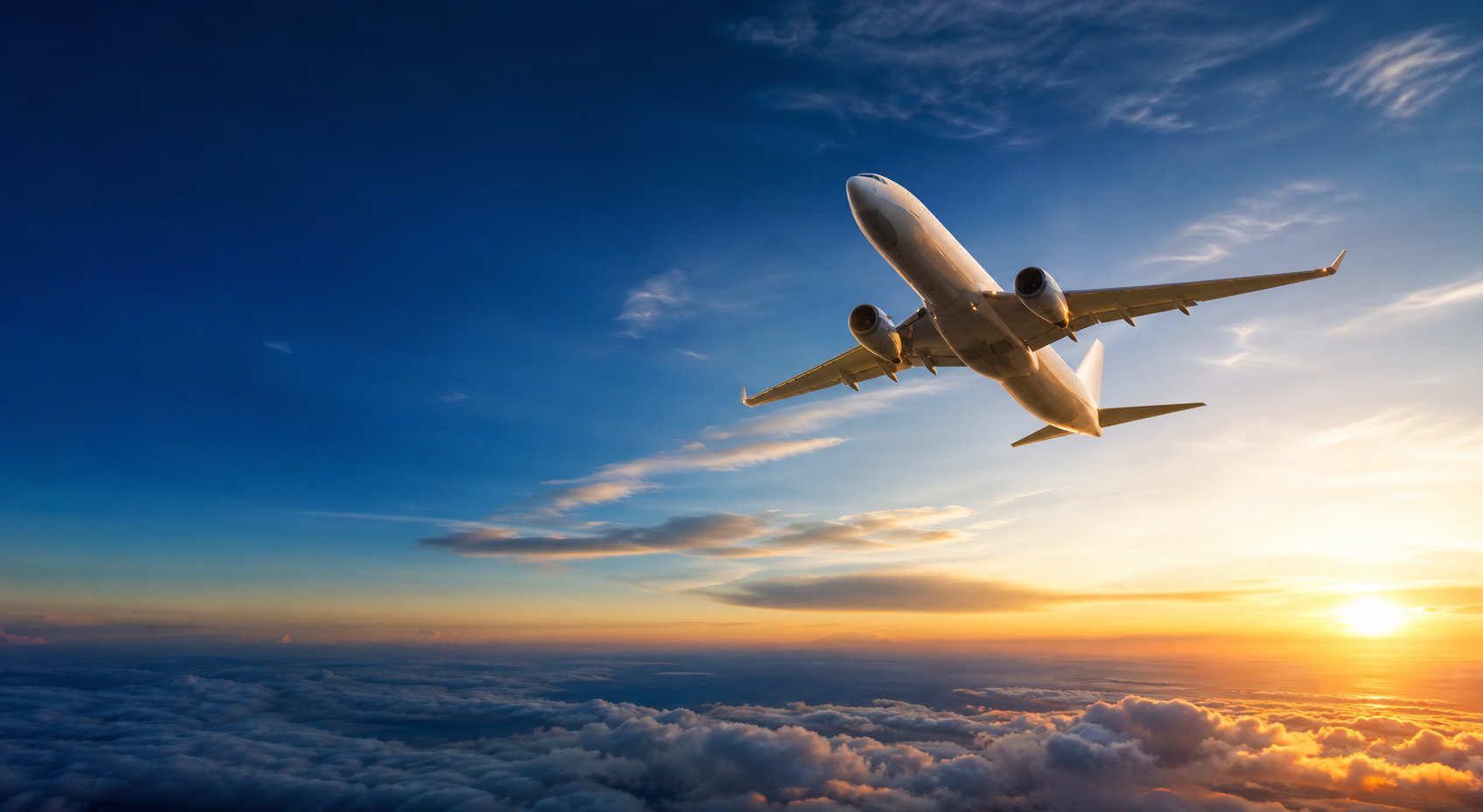 Passenger airplane flying above clouds at sunrise